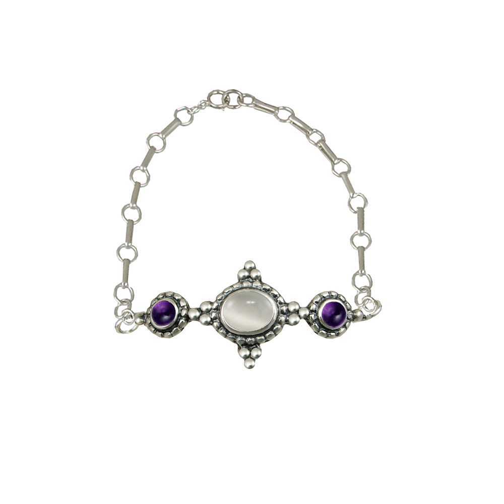 Sterling Silver Gemstone Adjustable Chain Bracelet With White Moonstone And Amethyst